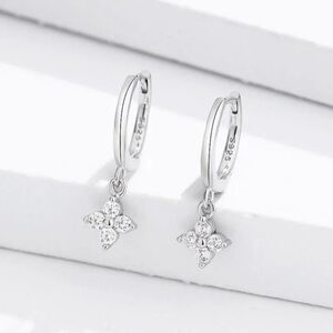 Dainty Crystal Flower Charm Hoop Earrings in Silver